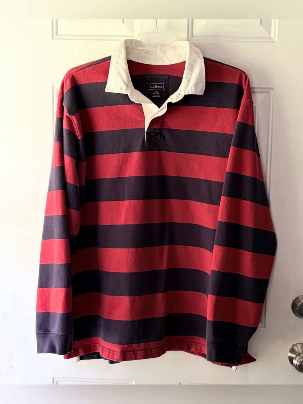 VTG LL Bean Men's XXL Rugby Shirt Long Sleeve Block Striped Navy Red Y2K
